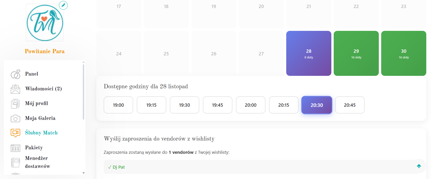 Panel Ślubny Match – wybór dnia i godziny