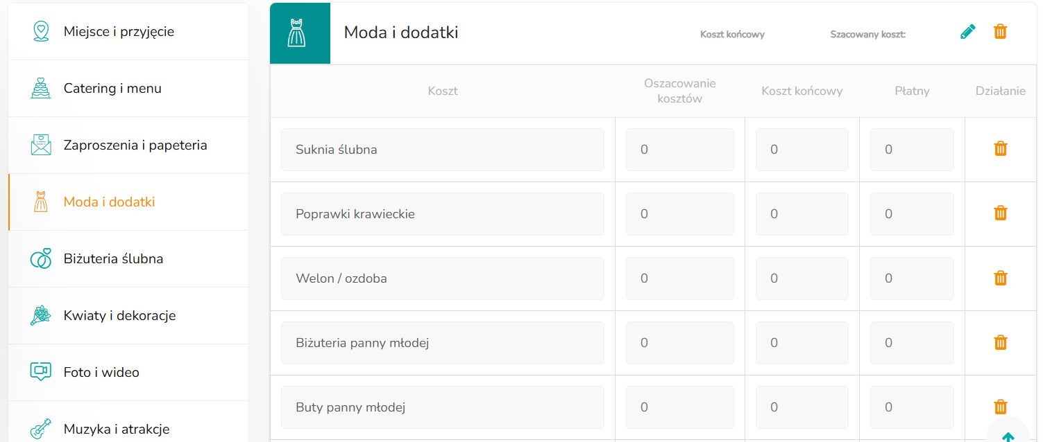 Kalkulator budżetu – widok listy