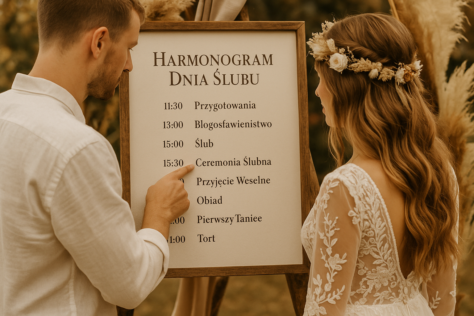 Para młoda oglądająca harmonogram dnia ślubu w stylu boho