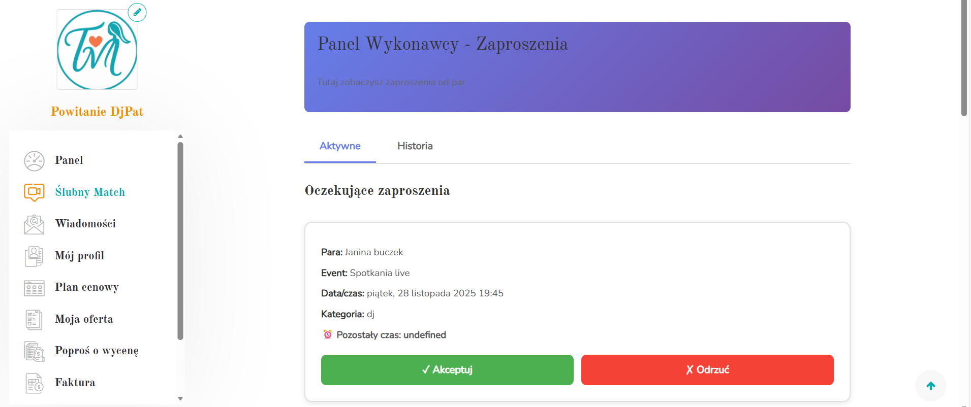 Panel wykonawcy – zaproszenia i licznik do spotkania