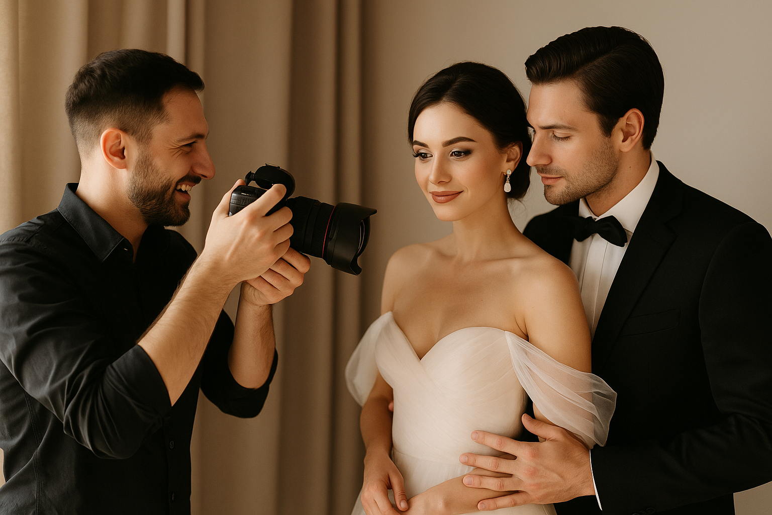 Fotograf ślubny pracujący z parą młodą