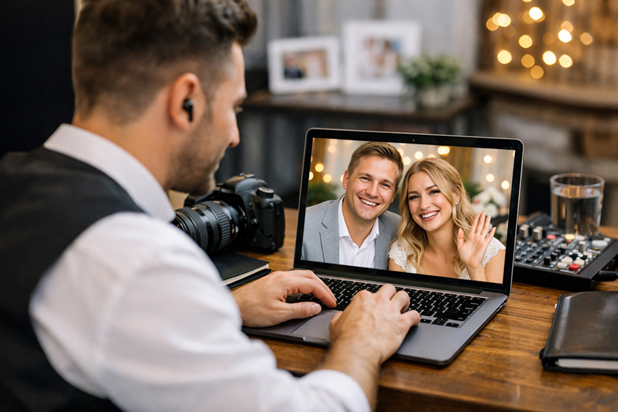 Wykonawca weselny pracujący z laptopem i telefonem